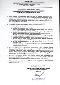 Pengumuman Seleksi Calon Anggota Komisi Informasi Kota Cirebon Tahun 2016